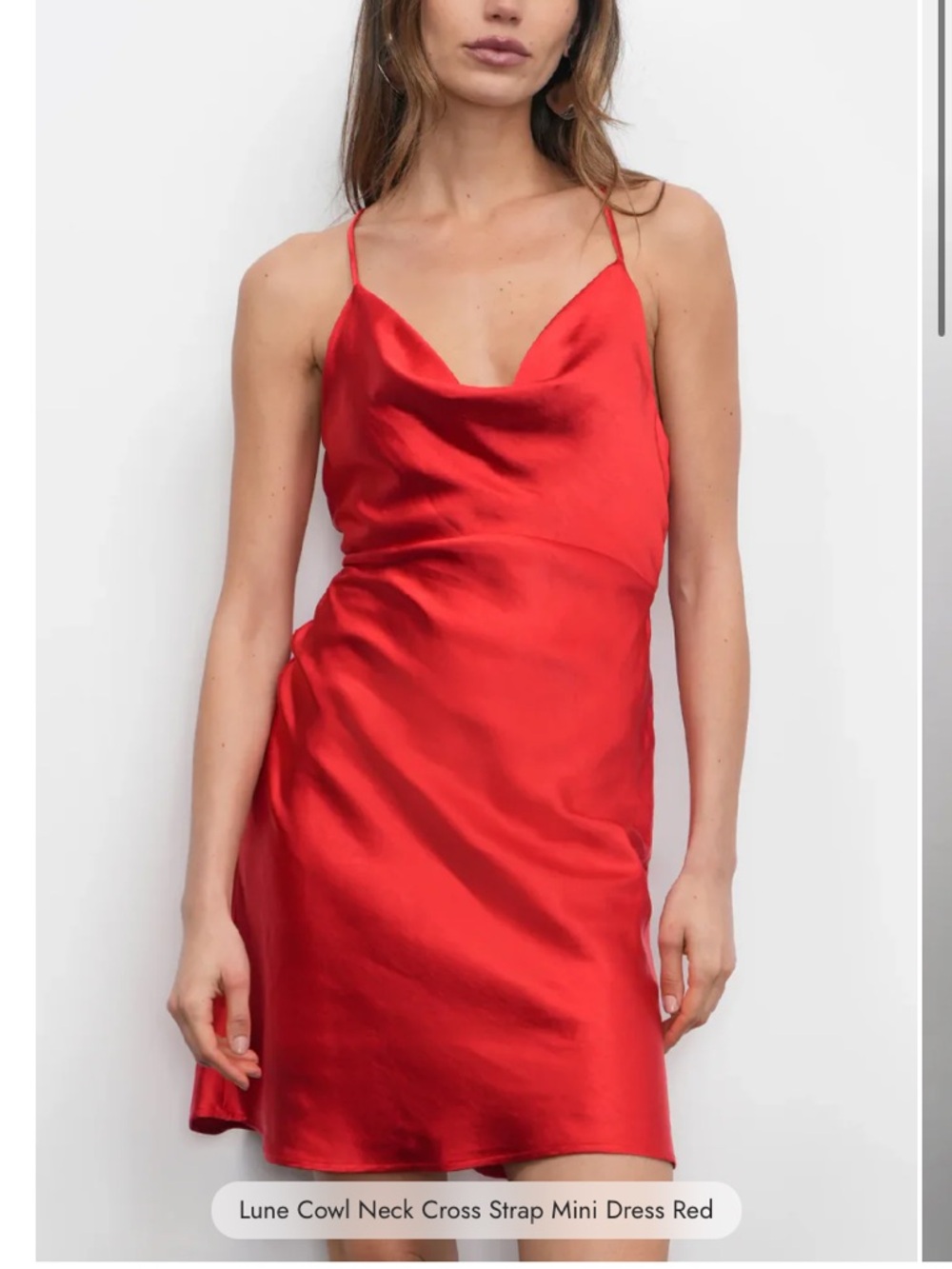 NWT!!! Lune Cowl Neck Red Satin Dress w/ clear rhinestone straps. (Not shown)